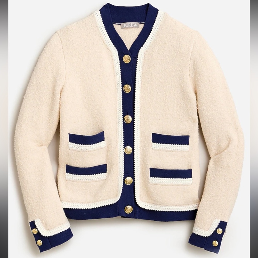 J.Crew Cream Boucle Cardigan with Navy Trim